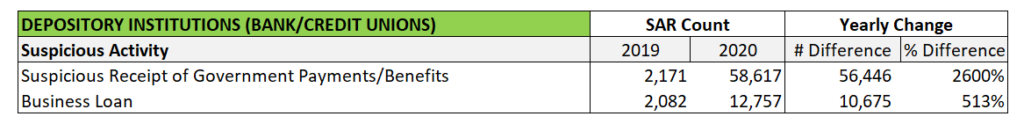 Government Payments and Business Loan SARs grew during COVID
