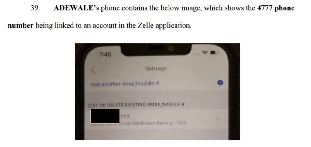 Phone number linked to Zelle account